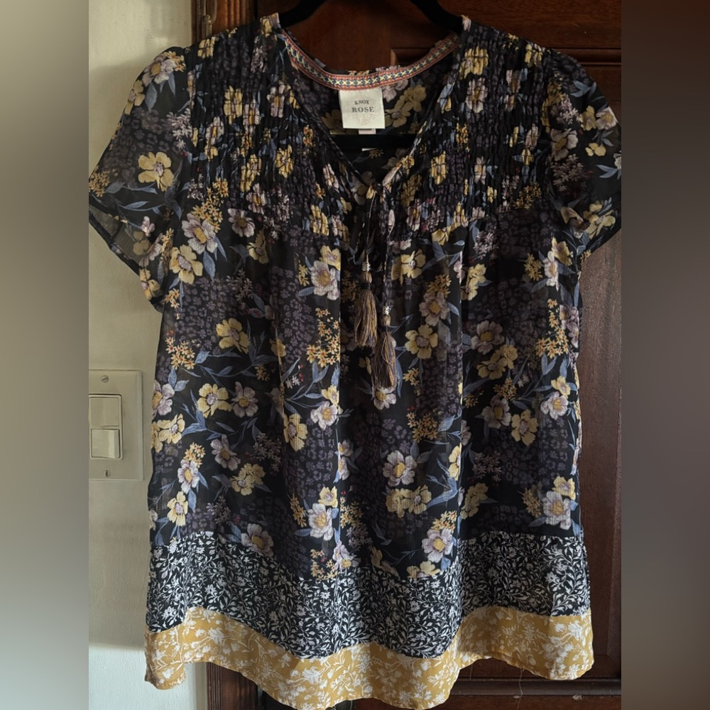 Knox Rose Navy Floral Blouse with Yellow and White Accents